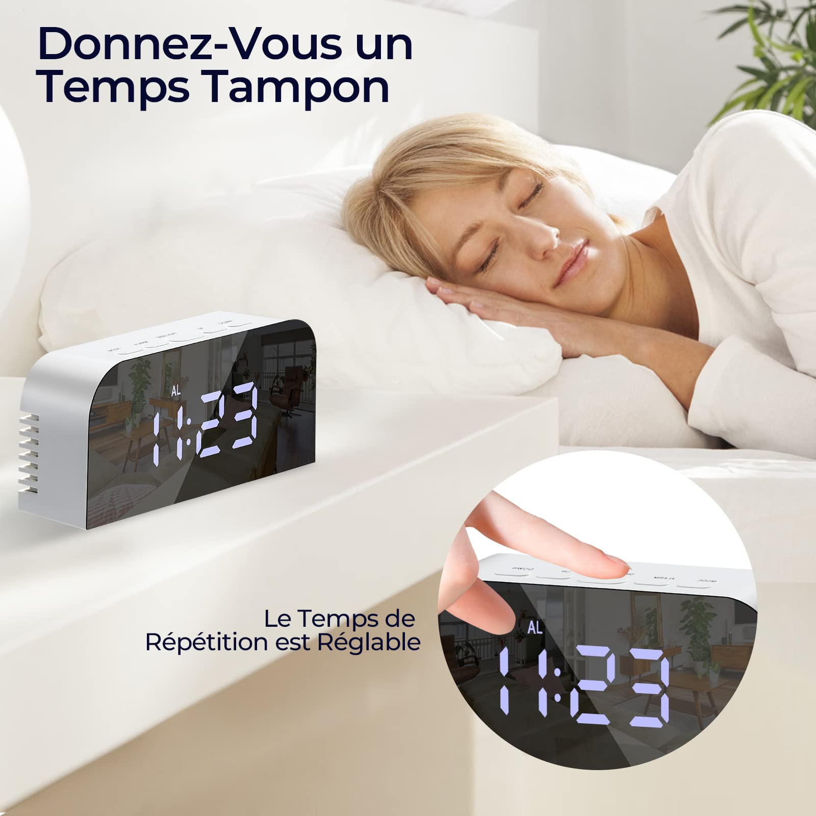 Vinabo Spegel Digital Morgonväckarklocka, LED, Digital Klocka, Säng, 2 Ljusnivåer, 12/24 Timmar, med 2 USB-Laddningsportar, Modern Heminredning Eller Sovrum (Vit)
