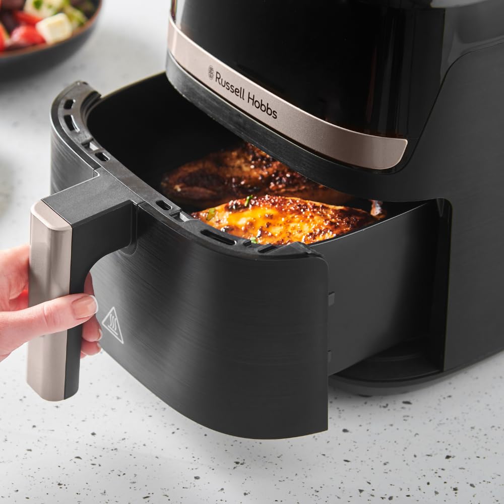 Russell Hobbs Air Fryer 4.3L Rapid Airfryer [Kompakt design, 9 program] satisfry Diskmaskinssäkra delar, max 200°C, Oljefri matlagning, Pekskärm, Varmhållning, Stek, Baka, Grill 27610-56