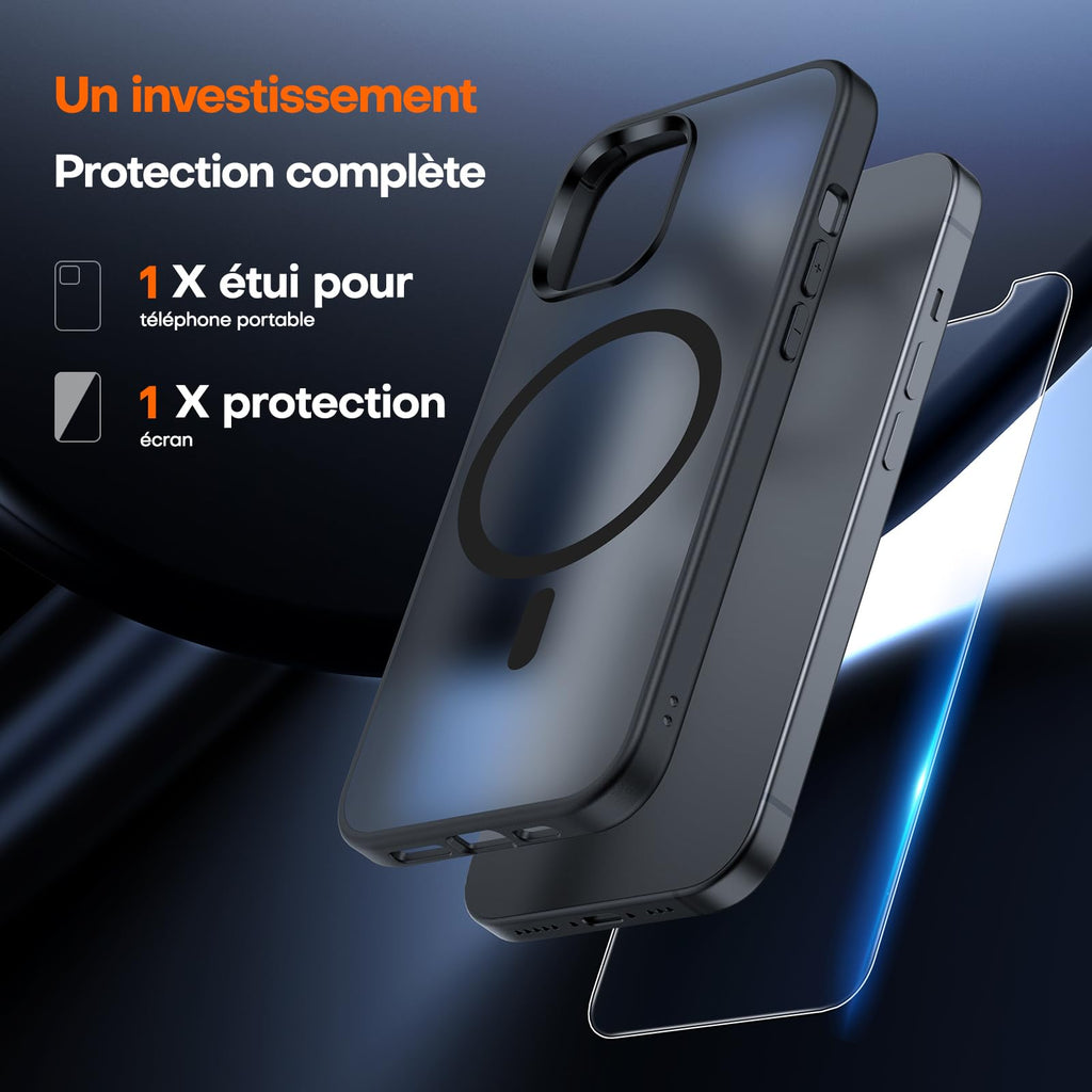 TAURI för iPhone 13 Pro Skal 6.1-Tum med Härdat Glas Skärmskydd, Kompatibelt med MagSafe, Militär kvalitet, [Icke-Gulning] Magnetisk Mobilskal Case - Mattsvart