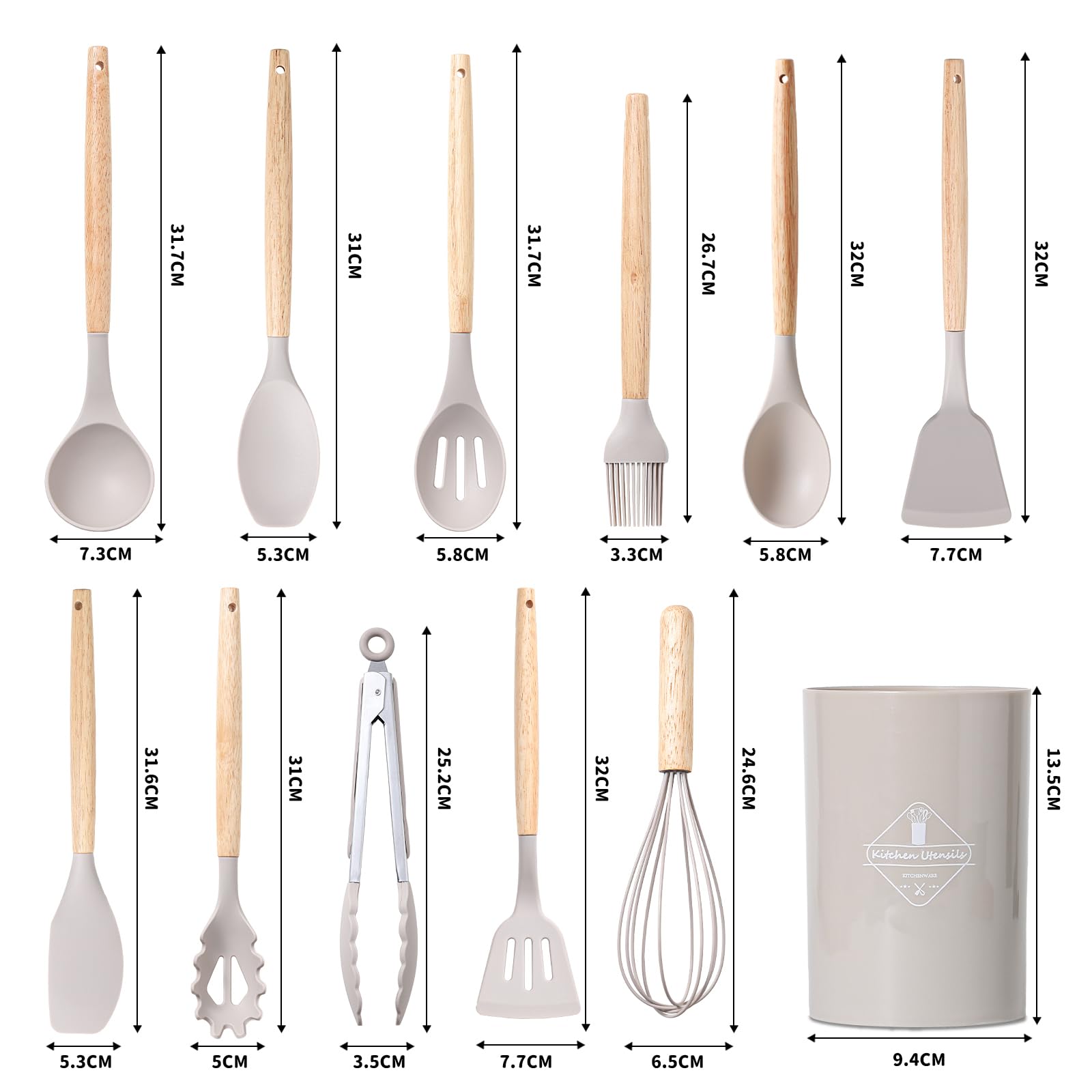12-Delar Köksredskapssats I Silikon Med Trähandtag, Värmebeständig Och Non-Stick, Kökstillbehör För Alla Kastruller Och Stekpannor