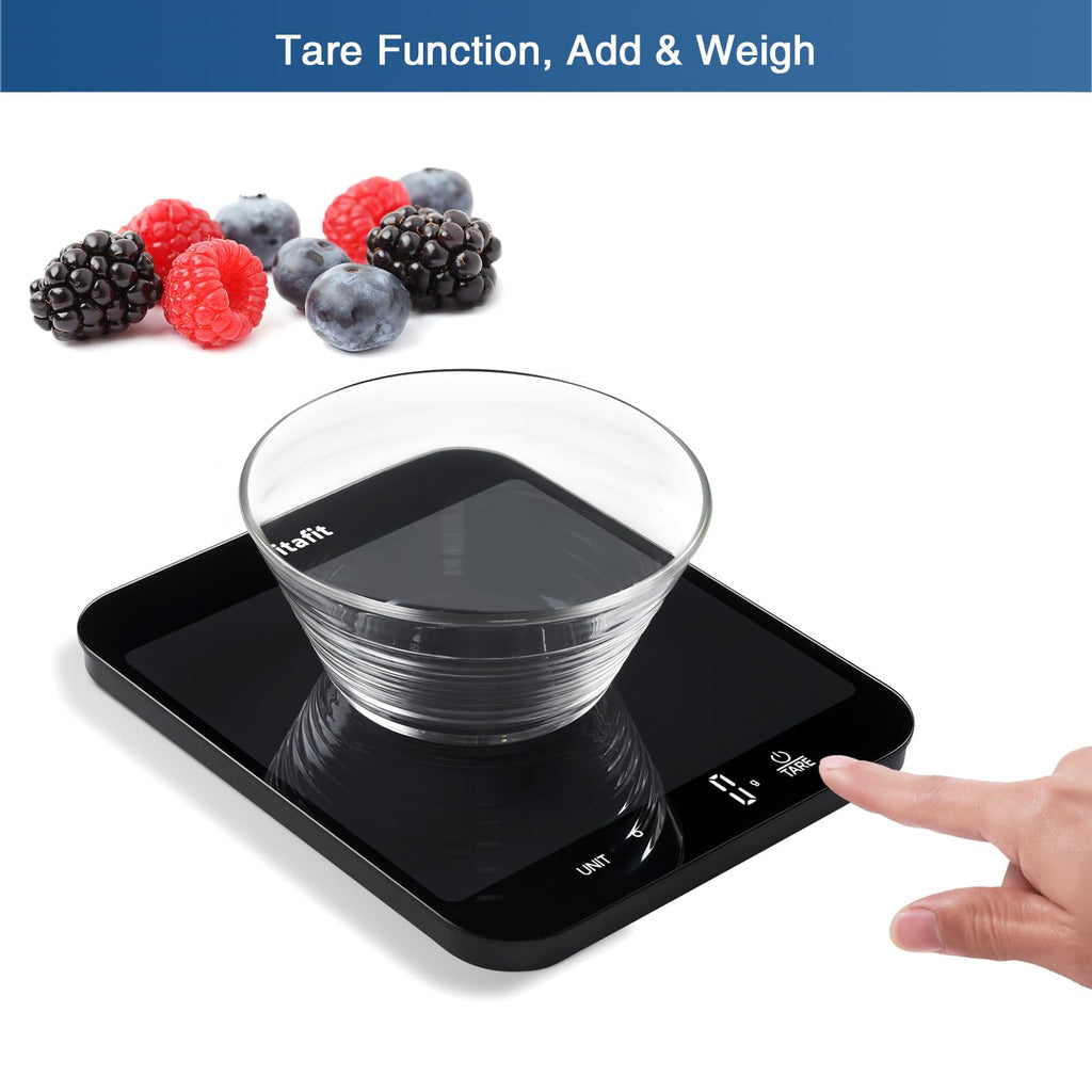 Vitafit 15kg digital köksvåg, Hög Noggrannhet 1g av Vår Professionella Fabrik Sedan 2001, Matvåg för Matlagning och Bakning, Stor Plattform 215x180mm, 3*AAA-Batterier, Svart