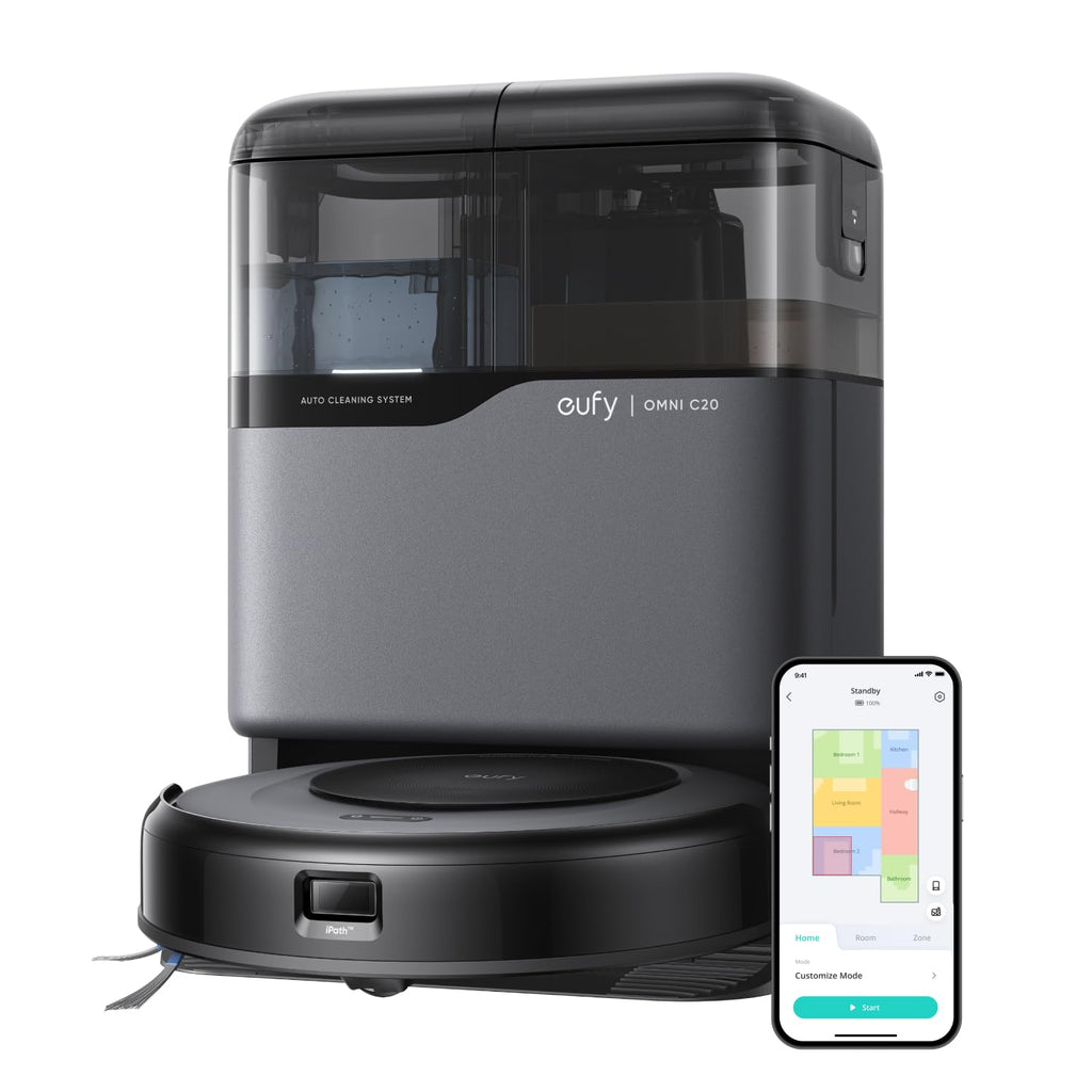 eufy Robotdammsugare Omni C20 med Allt-i-ett-station, Auto Emptying, Mop Washing och Drying för Hands-Free Cleaning, 7,000 Pa Kraftfull sugkraft, 8,5 cm ultratunn kropp, Robotdammsugare och Mop Combo