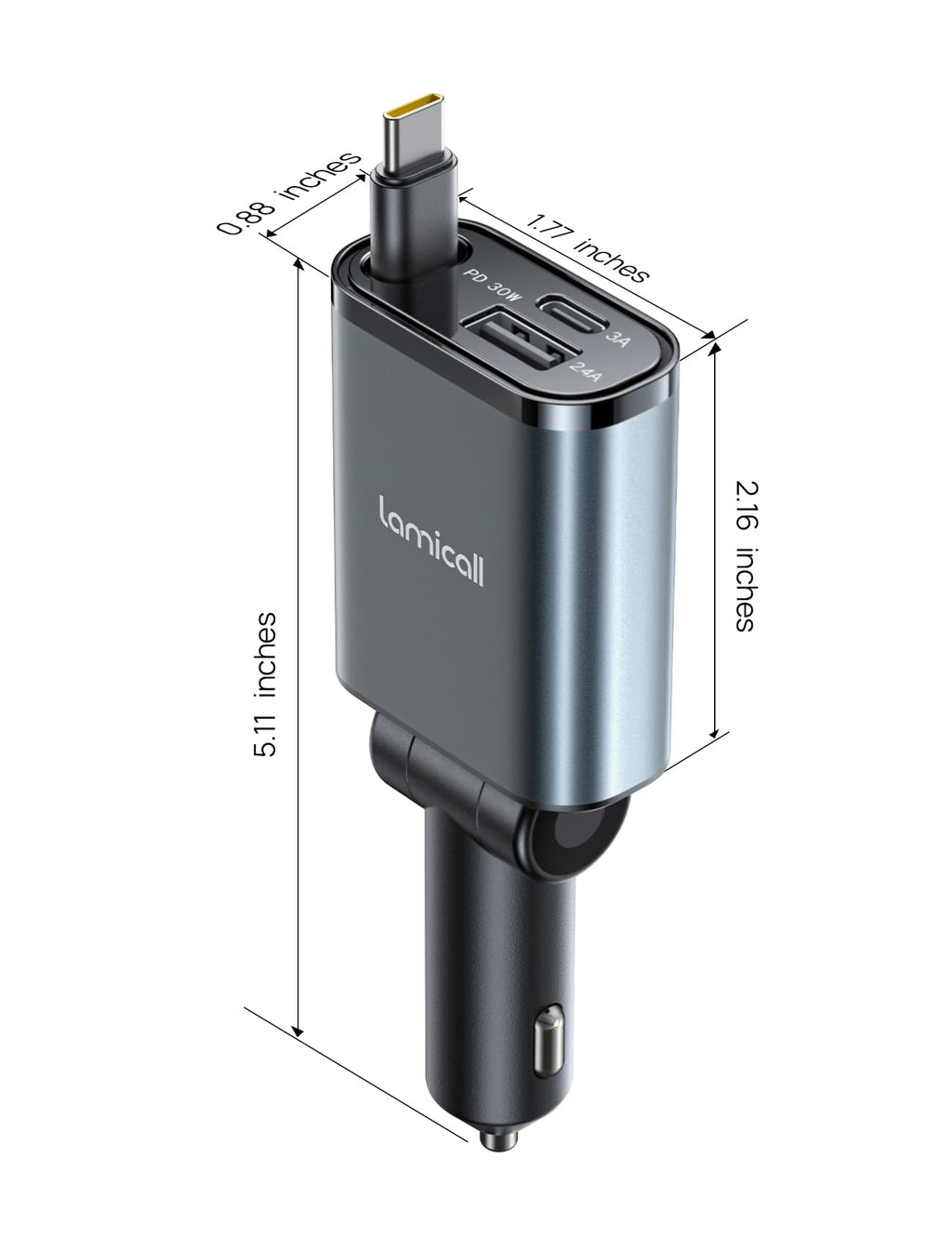 Lamicall Infällbar billaddaradapter – 【Ultrakompakt】50 W cigarettändare USB-laddare, 3-i-1 biltelefonladdning med infällbar kabel, Trip Essentials 12 V USB C-uttag för phone, Android, Galaxy
