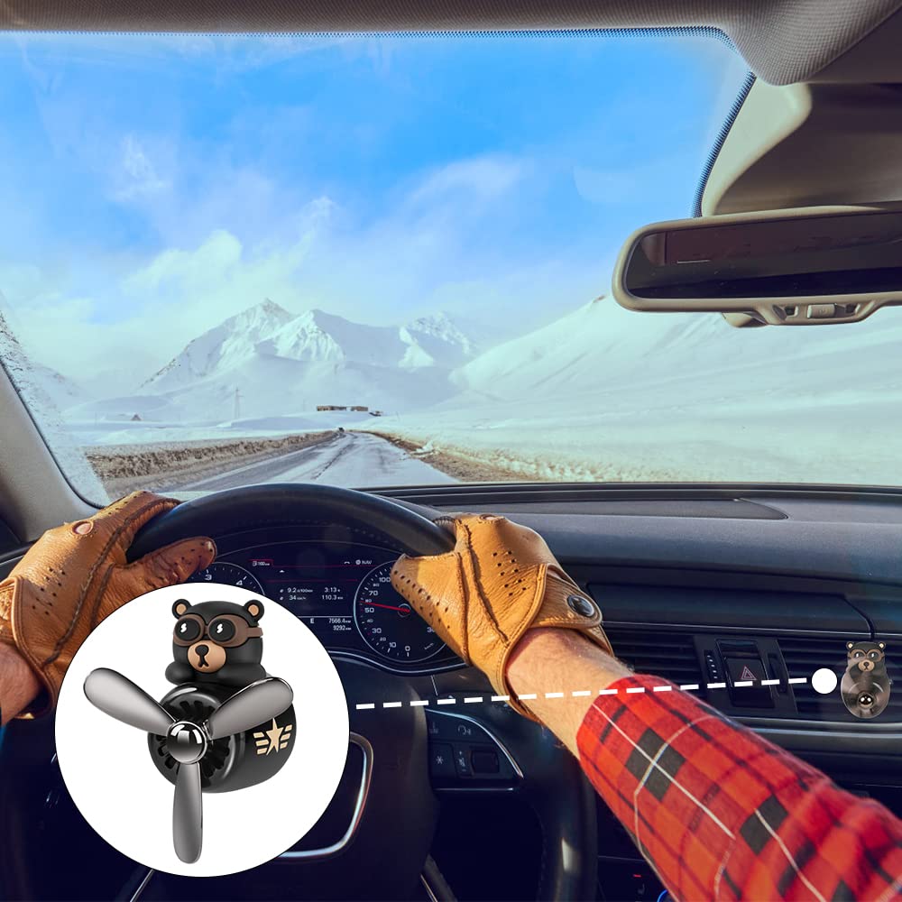 URAQT Bear Pilot retro flygplan luftfräschare, bilventilsklämma på luftfräschare med 2 st dofttabletter, personligt luftutlopp biltillbehör med roterande propeller för bil, fläkt (svart)