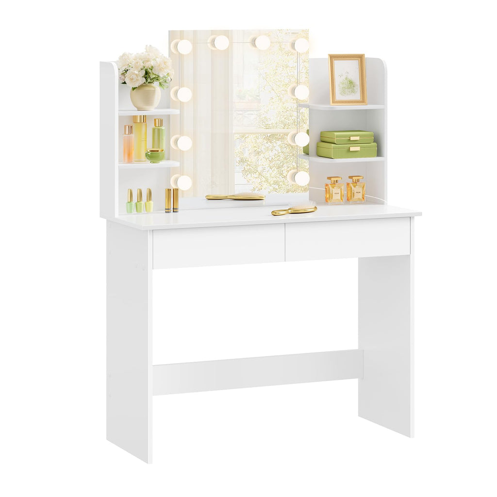 WOLTU Sminkbord med LED-belysning Hollywood, sminkbord med spegel, kosmetikbord med 2 lådor och 4 öppna hyllor, sminkbord modernt för sovrum tillverkat av trä, vit MB6096ws