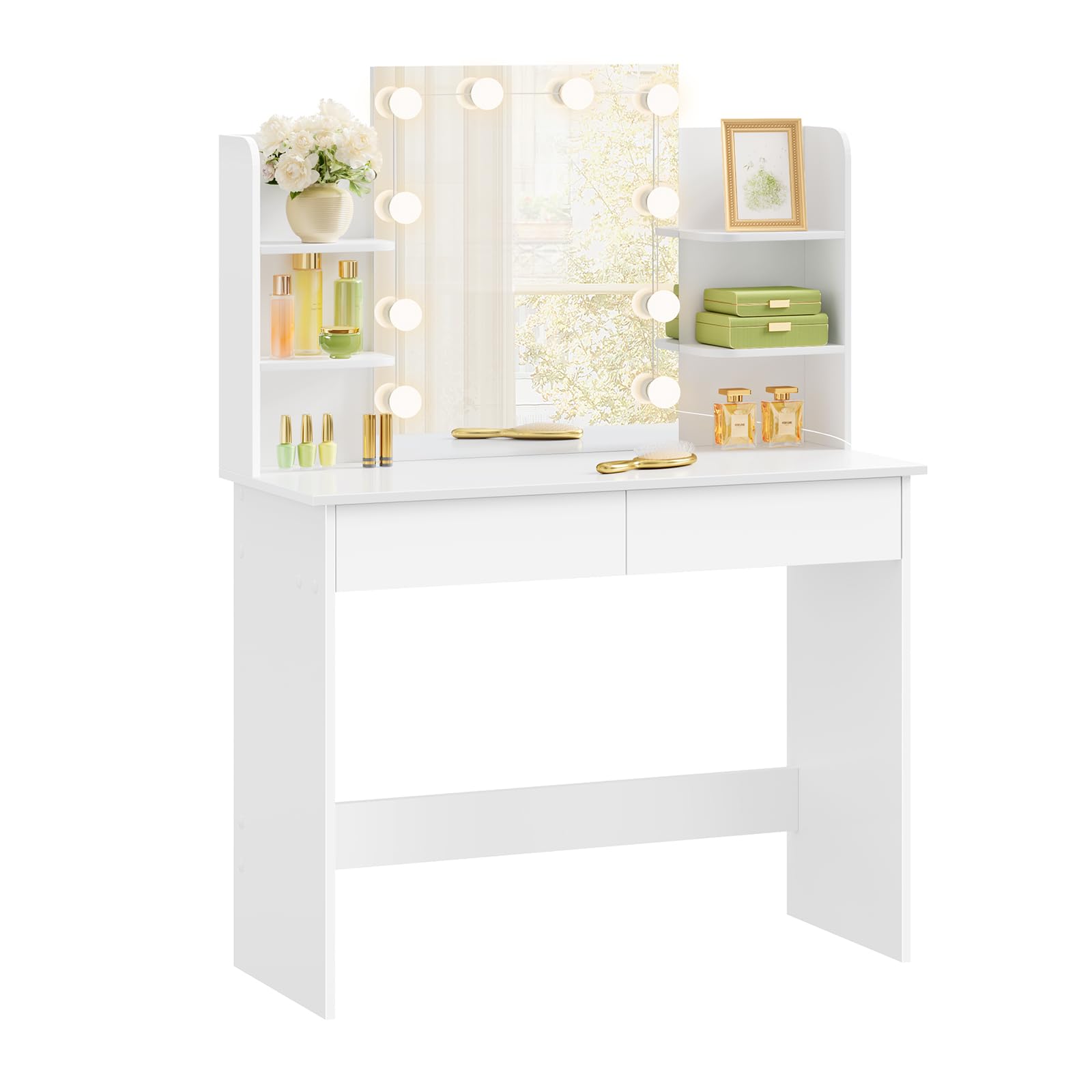 WOLTU Sminkbord med LED-belysning Hollywood, sminkbord med spegel, kosmetikbord med 2 lådor och 4 öppna hyllor, sminkbord modernt för sovrum tillverkat av trä, vit MB6096ws