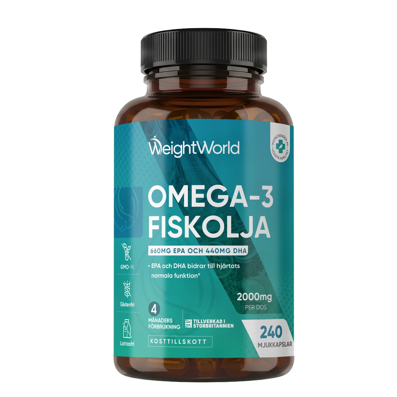 Omega 3-kapslar - 2000 mg fiskolja med 1100 mg omega-3, 660 mg EPA och 440 mg DHA per portion - 240 softgels - För hjärta, hjärna och blodtryck (EFSA) - WeightWorld