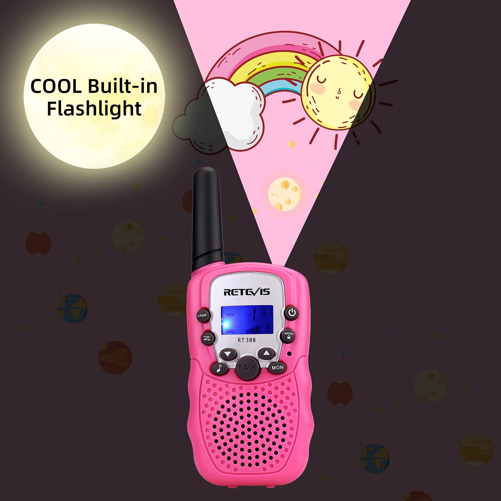 Retevis RT388 Walkie Talkie Pojkar Flickor, 8-Kanaler Lcd-SkäRm Vox-Funktion 10 Samtalstoner Inbyggd Ficklampa Leksak Spresent för Campinglov Skolaktiviteter (Rosa, 1 Par)