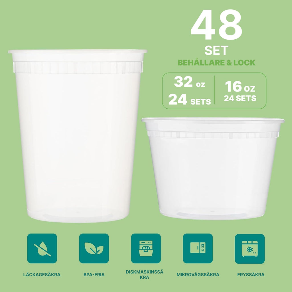 JoyServe Deli matförvaringsbehållare med lock – 48 set (24x946 ml & 24x473 ml), lufttäta BPA-fria plastbehållare för takeaway, diskmaskins- och mikrovågsugnsäkra