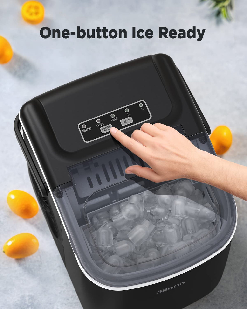 Silonn Ismaskin för bänkskiva, 9 kuber redo på 6 minuter, 11,8 kg på 24 timmar, självrengörande ismaskin med isskopa och korg, 2 storlekar av bullet-is för hem, kök, kontor, bar, fest