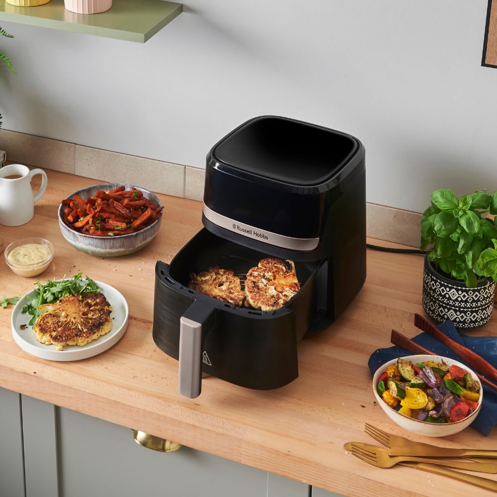 Russell Hobbs Air Fryer 4.3L Rapid Airfryer [Kompakt design, 9 program] satisfry Diskmaskinssäkra delar, max 200°C, Oljefri matlagning, Pekskärm, Varmhållning, Stek, Baka, Grill 27610-56