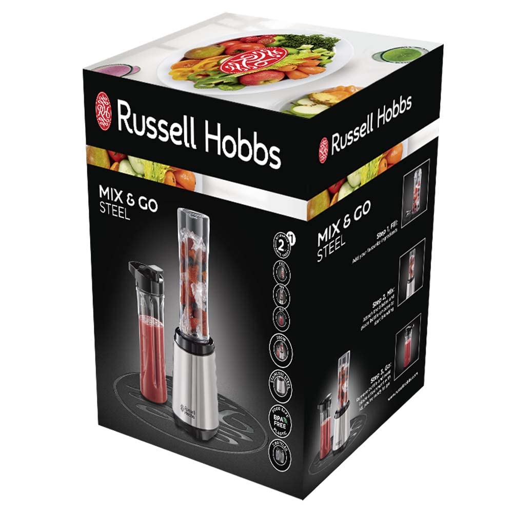 Russell Hobbs mixer, 2 BPA-fri, flaskor som tål diskmaskin, tritanplast med lock, 600ml, 23500 varv per min, 300W, Mix&Go Steel 23470-56