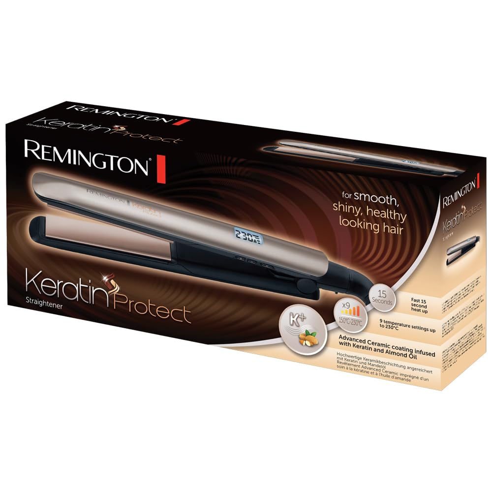 Remington Plattång med högkvalitativ keramikbeläggning berikad med keratin och mandelolja, LCD-display, 10 temperaturinställningar 150-230°C, Keratin plattång S8540