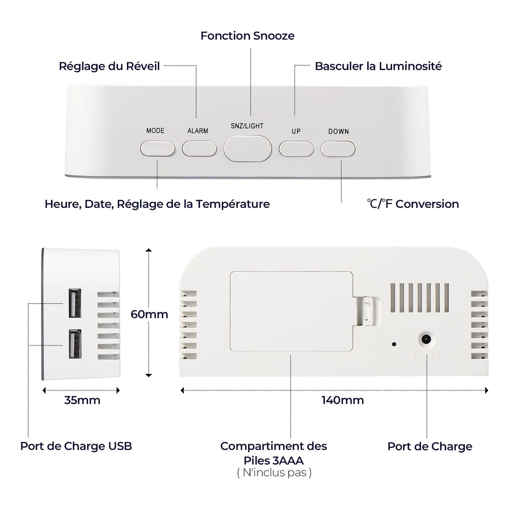 Vinabo Spegel Digital Morgonväckarklocka, LED, Digital Klocka, Säng, 2 Ljusnivåer, 12/24 Timmar, med 2 USB-Laddningsportar, Modern Heminredning Eller Sovrum (Vit)