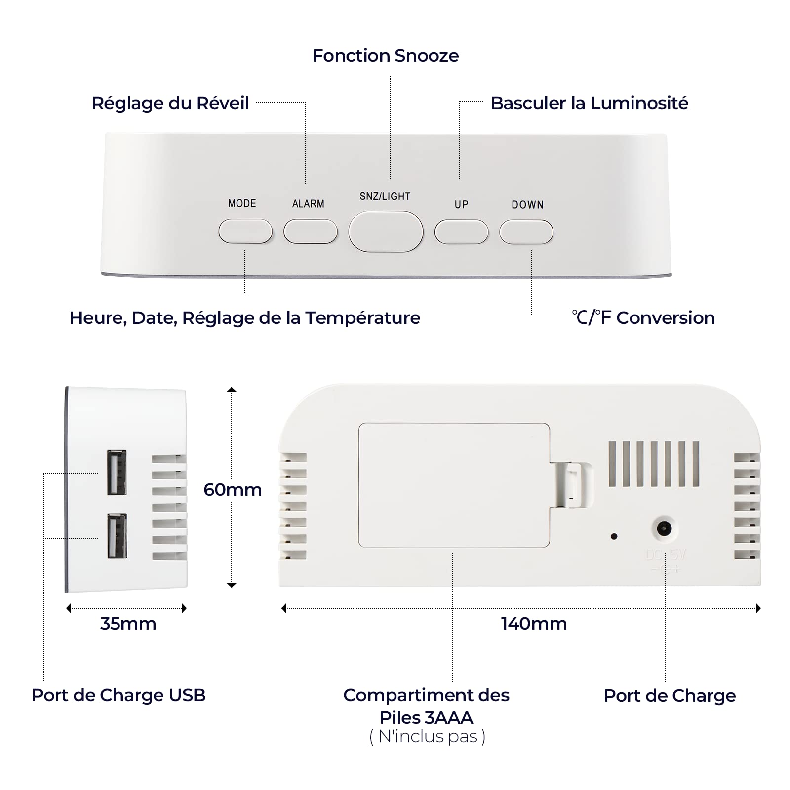 Vinabo Spegel Digital Morgonväckarklocka, LED, Digital Klocka, Säng, 2 Ljusnivåer, 12/24 Timmar, med 2 USB-Laddningsportar, Modern Heminredning Eller Sovrum (Vit)