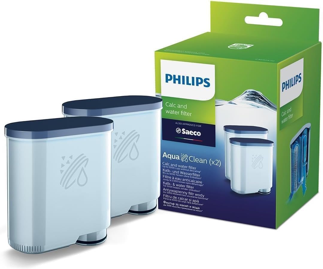 Philips AquaClean Kalk- och Vattenfilter – Ingen avkalkning, Upp till 5 000 koppar, Förlänger maskinens livslängd, Mikroporöst filter, Enkel installation, 2 st AquaClean-filter (CA6903/22)