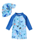 JiAmy Baddräkt med solhatt för småbarn, baby, pojke, långärmad baddräkt med dragkedja, rash guard, baddräkt i ett stycke, baddräkt med solskydd, solskyddsplagg för stranden