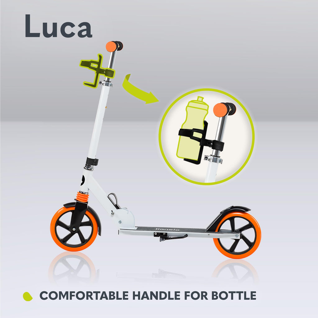 LIONELO Luca Hopfällbar Sparkcykel för Barn (5+), Ungdom & Vuxen, Lätt Aluminium 4,1 kg, Stora 200 mm PU-hjul, ABEC-7-lager, ShockResist dämpare, upp till 100 kg, Justerbart Styre, Fotbroms & Sidostöd