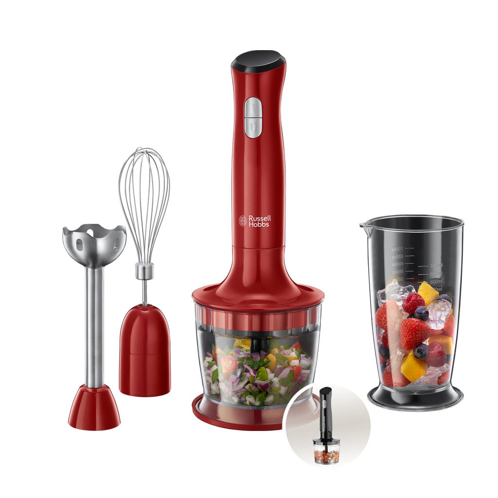 Russell Hobbs 3-i-1 stavmixer, 2 hastigheter, rostfritt stål, BPA-fri behållare, ballongvisp, minihackare, diskmaskinssäkra delar, röd, 500W Desire, 24700-56
