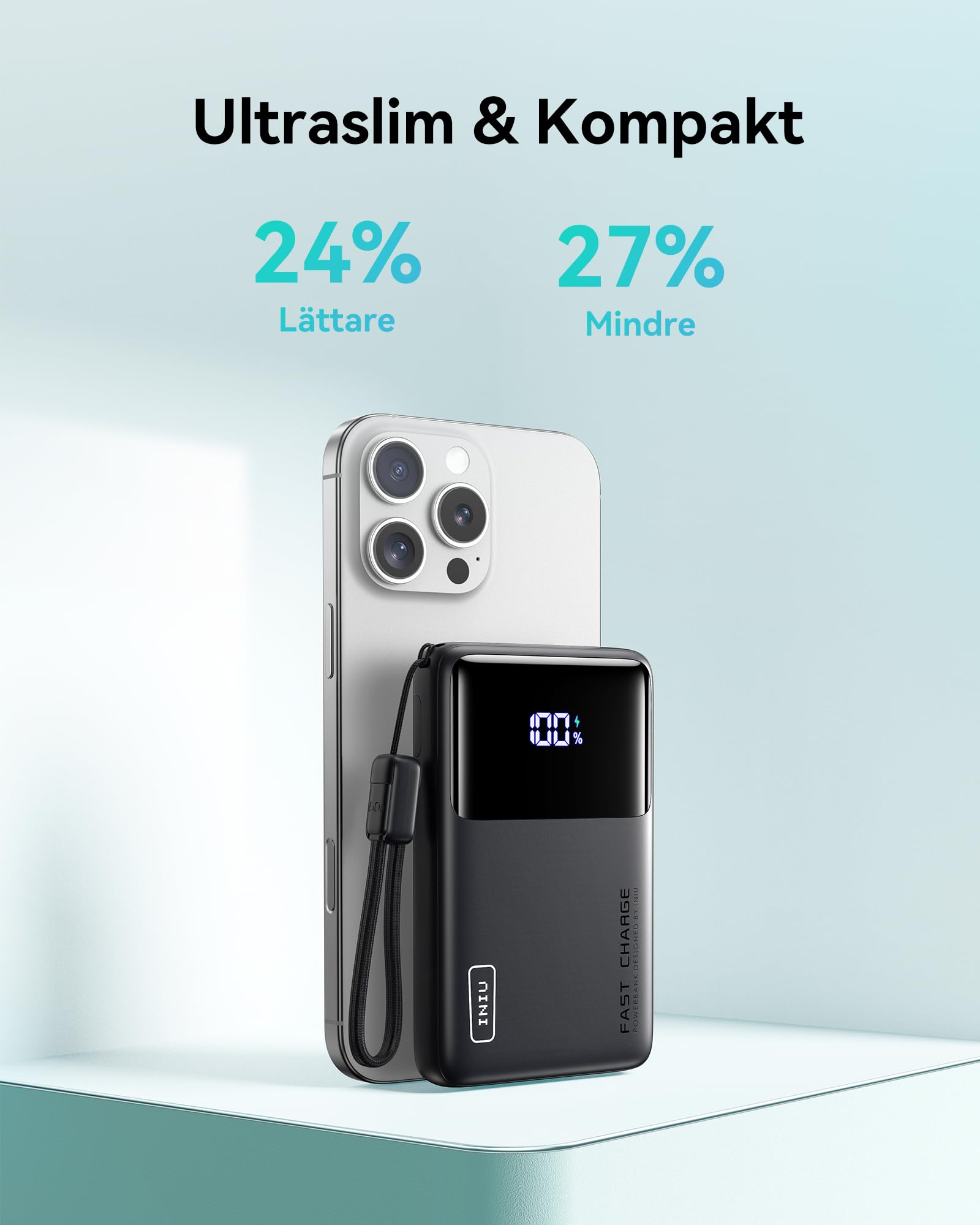 INIU 45W Power Bank, Superslim 10000mAh PD3.0 QC4.0 USB C Snabbladdning Extern Batteri med USB-C Kabel, Bärbar Laddare med LED-skärm för iPhone 17 16 15 14 13 12 iPad Samsung S24 S23 Note 20 etc.