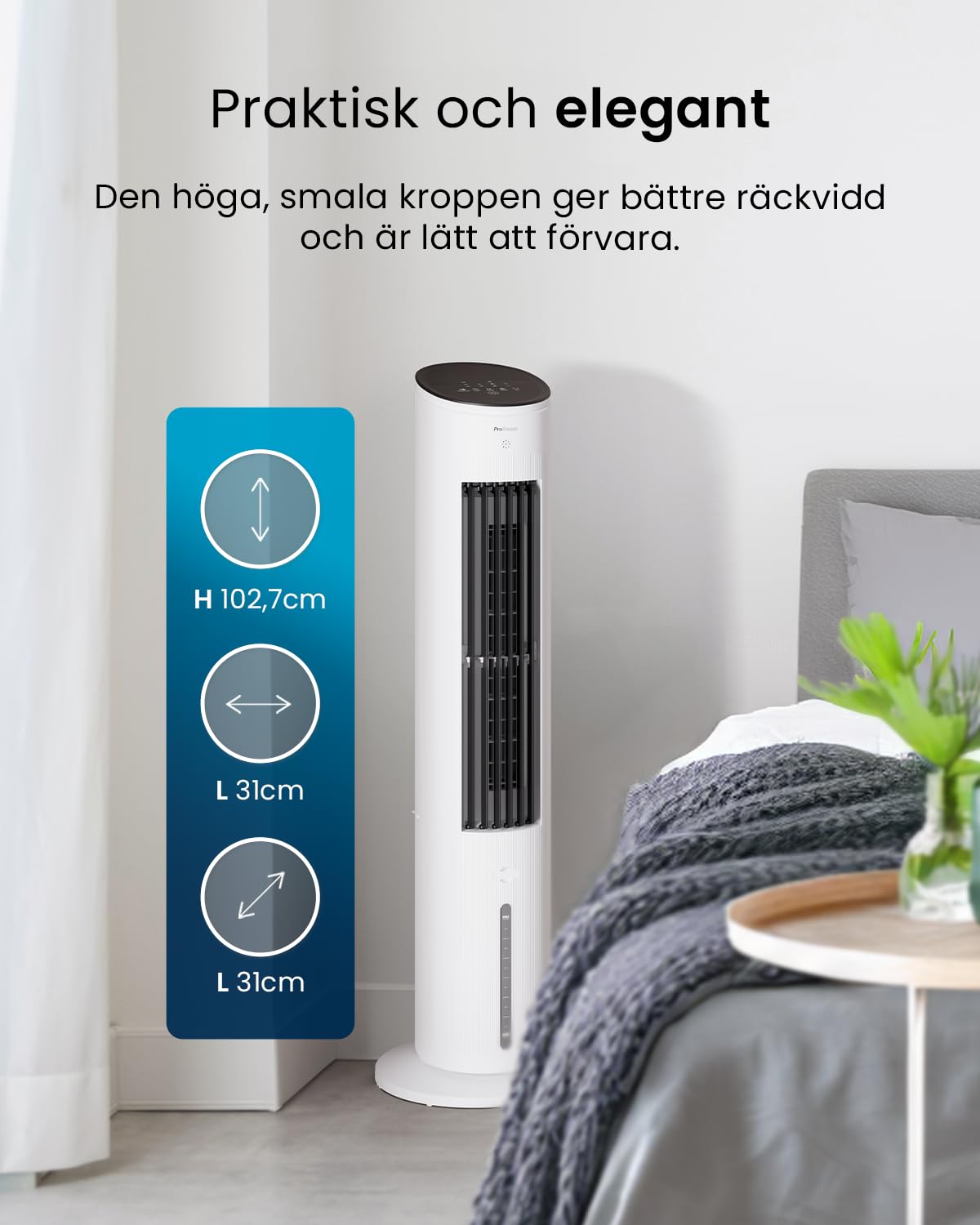 Pro Breeze 5 l mobil luftkylare med 3 fläktnivåer – tornfläkt med fjärrkontroll, automatisk växling, digital 7-timmars timer – luftkonditionering utan frånluftsslang för hem och kontor