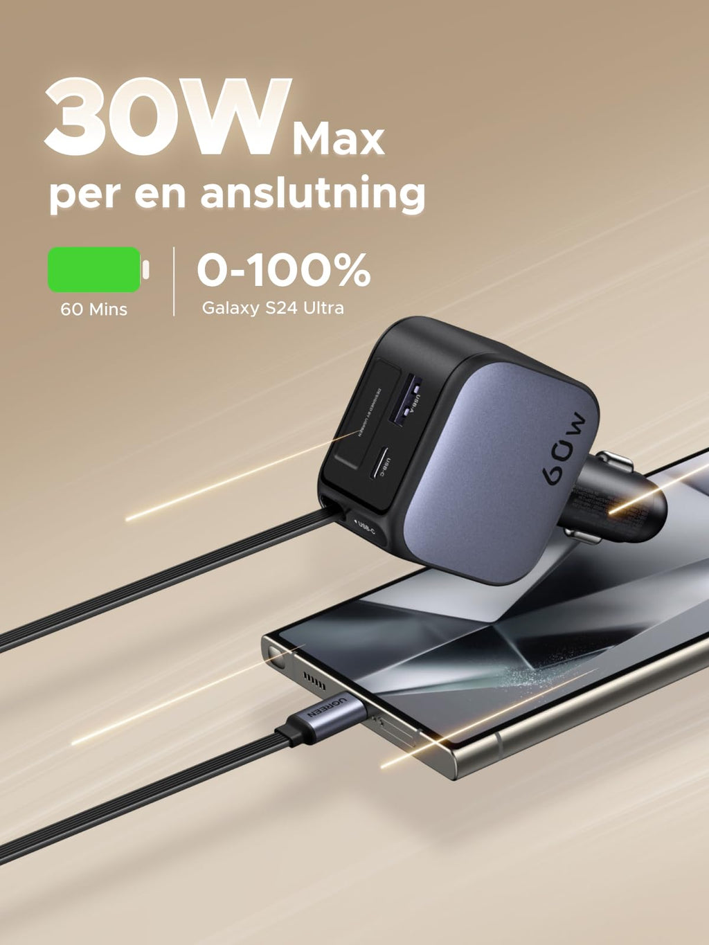 UGREEN 3-port cigarettändare 60W infällbar billaddare 30W integrerad USB C-kabel biltillbehör bil 12V adapter för iPhone 17/16/15, Galaxy S25/24, GPS etc.