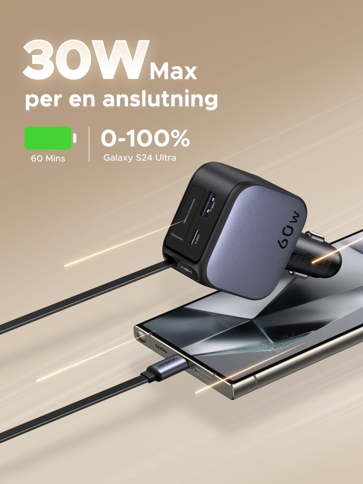UGREEN 3-port cigarettändare 60W infällbar billaddare 30W integrerad USB C-kabel biltillbehör bil 12V adapter för iPhone 17/16/15, Galaxy S25/24, GPS etc.