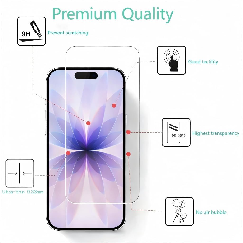 3 stycken härdat glas kompatibel med iPhone 17, iPhone 17 Pro, iPhone 16 Pro, skyddande film, 6,3 tum hårdhet 9H utan bubblor anti-repor fingeravtryck transparent hållbar klar