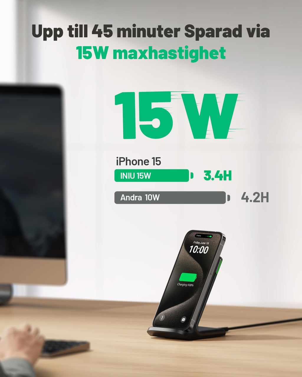 INIU Trådlöst Laddningsstativ, 15W Snabb Laddning, Induktiv Laddningsstation med Självinduktiv LED, Trådlös Laddare för iPhone 17 16 15 14 13 12 Pro Max XR Samsung S24 S23 Google Pixel