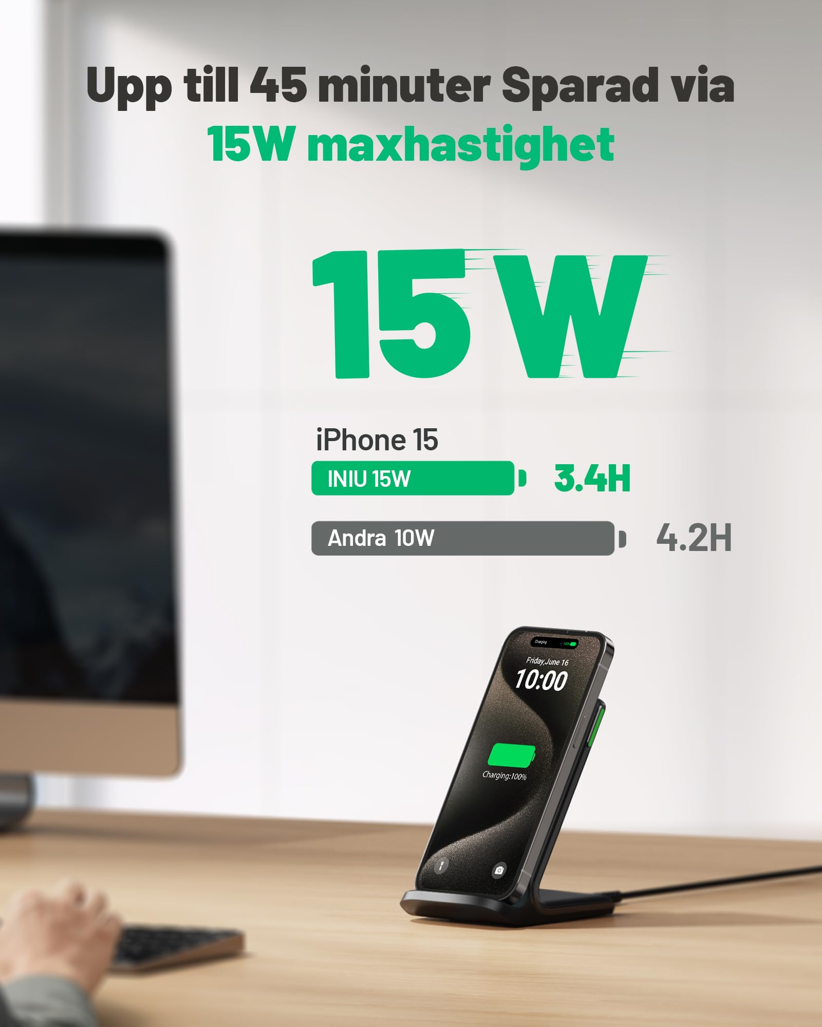 INIU Trådlöst Laddningsstativ, 15W Snabb Laddning, Induktiv Laddningsstation med Självinduktiv LED, Trådlös Laddare för iPhone 17 16 15 14 13 12 Pro Max XR Samsung S24 S23 Google Pixel