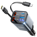 Gritin Infällbar Billaddare, 69W Supersnabb 4-i-1 USB C Billaddaradapter med Smart Enhet - Adaptiv Laddningsteknik och Omedelbar Spänningsdisplay, Tillbehör för iPhone 16 15, iPad, Android etc.