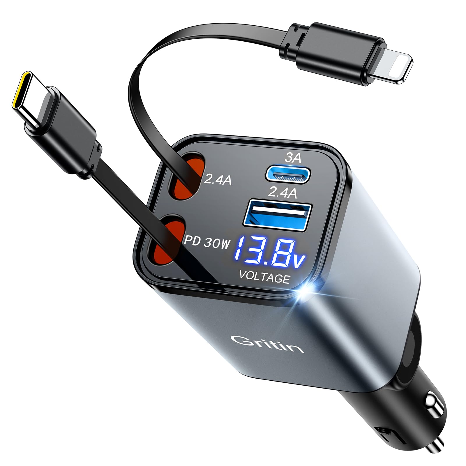 Gritin Infällbar Billaddare, 69W Supersnabb 4-i-1 USB C Billaddaradapter med Smart Enhet - Adaptiv Laddningsteknik och Omedelbar Spänningsdisplay, Tillbehör för iPhone 16 15, iPad, Android etc.