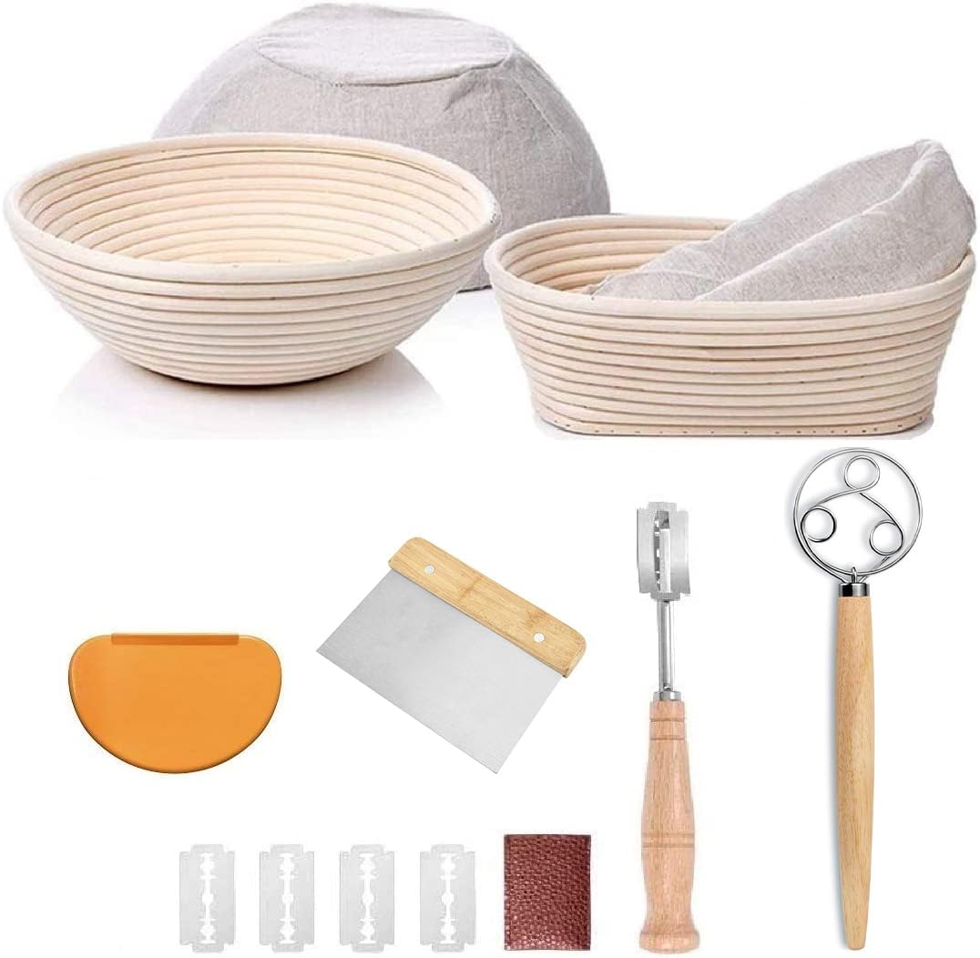 Bread Proofing Basket Set Of 2 Round and Oval, Banneton Proofing Basket + Danish Dough Whisk + Bread Scoring Lame + Stainless Steel Dough Scraper + Flexible Dough Scraper, Sourdough Tools Kit