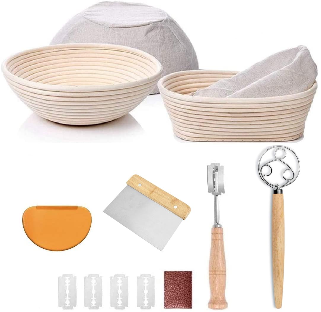 Bread Proofing Basket Set Of 2 Round and Oval, Banneton Proofing Basket + Danish Dough Whisk + Bread Scoring Lame + Stainless Steel Dough Scraper + Flexible Dough Scraper, Sourdough Tools Kit