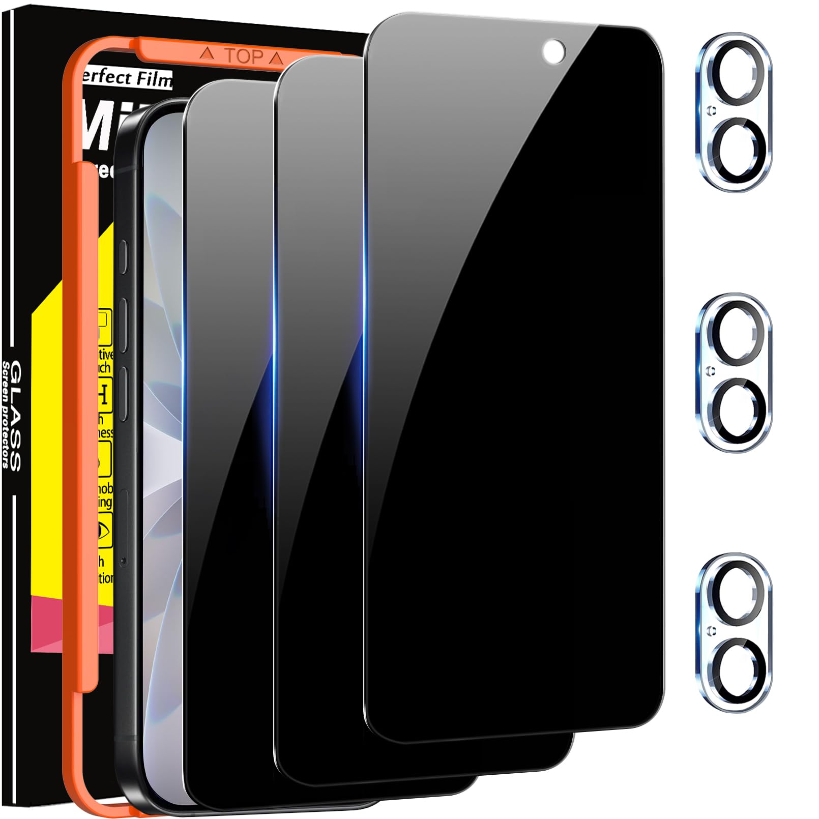Milomdoi 3-pack integritetsskydd för iPhone 17 [kompatibelt med mobilskal] 17 graders vinkel Tillbehör Privat film, 3-pack härdat glas kameraskydd, med monteringsram för