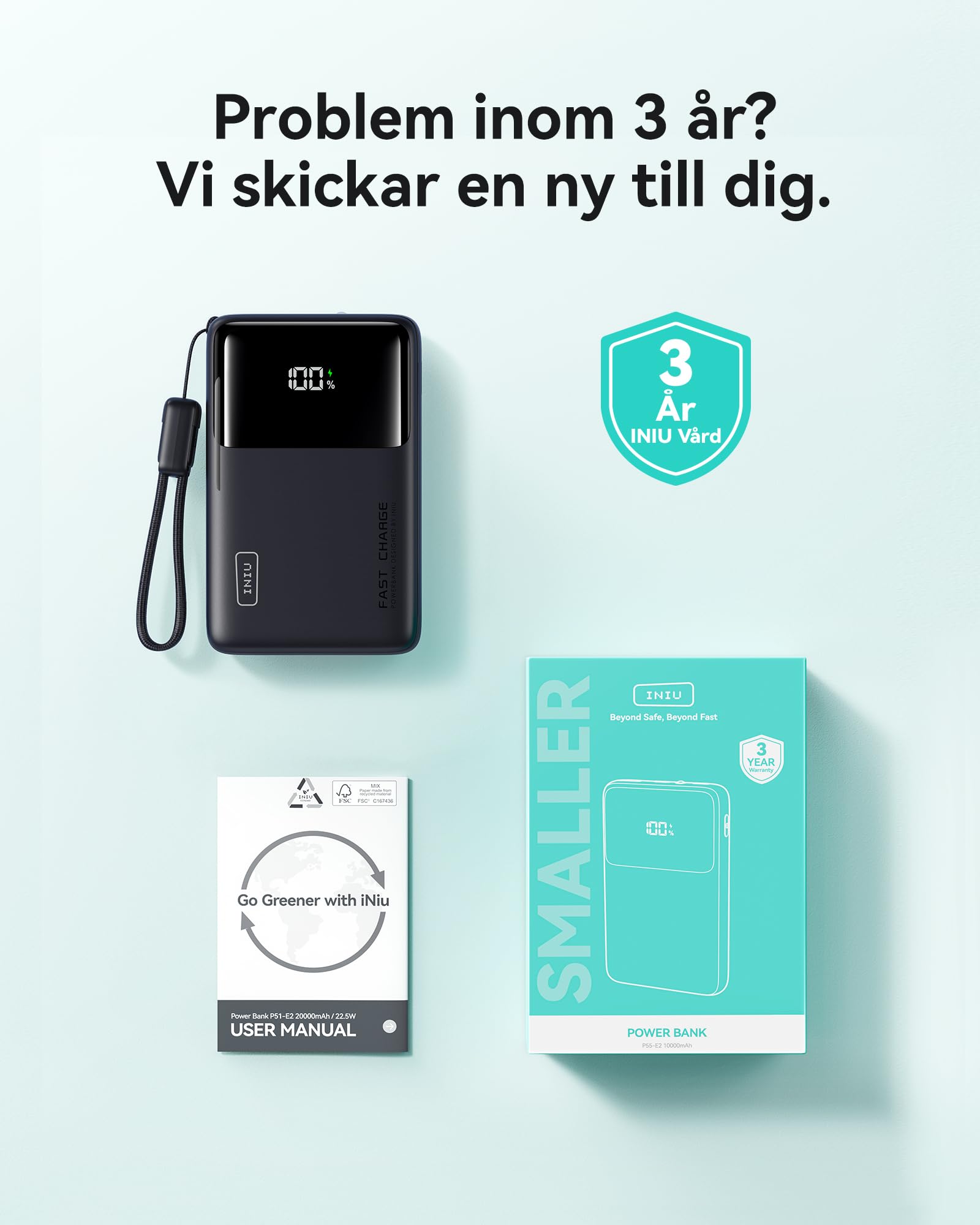 INIU 45W Power Bank, Superslim 10000mAh PD3.0 QC4.0 USB C Snabbladdning Extern Batteri med USB-C Kabel, Bärbar Laddare med LED-skärm för iPhone 17 16 15 14 13 12 iPad Samsung S24 S23 Note 20 etc.