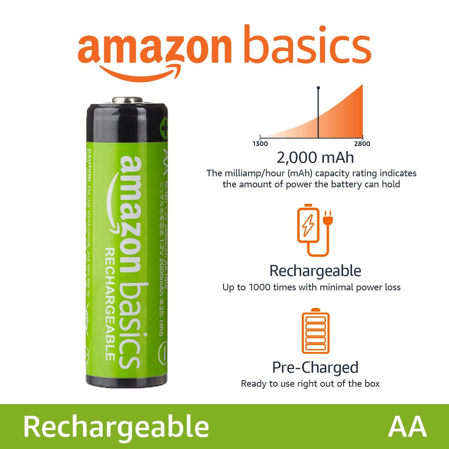 Amazon Basics Uppladdningsbara AA-batterier, NiMh, förladdade, 8-pack (utseendet kan variera)