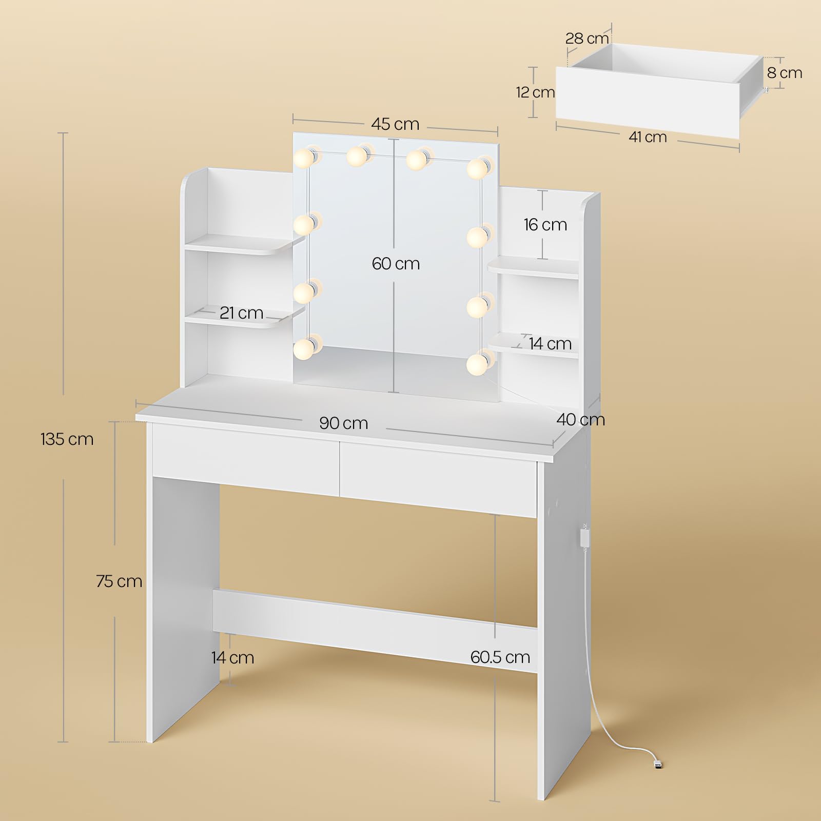 WOLTU Sminkbord med LED-belysning Hollywood, sminkbord med spegel, kosmetikbord med 2 lådor och 4 öppna hyllor, sminkbord modernt för sovrum tillverkat av trä, vit MB6096ws