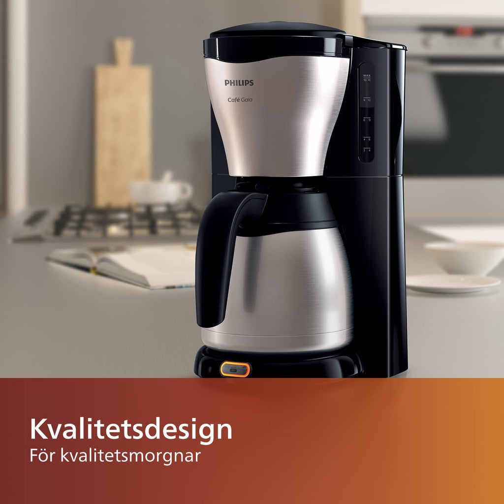 Philips Café Gaia Kaffebryggare - Termoskanna i rostfritt stål, Håller värmen i 2 timmar, Automatisk avstängning, Droppstopp, Smart lås, 1,3 l kapacitet, Vattennivåmätare (HD7546/20)