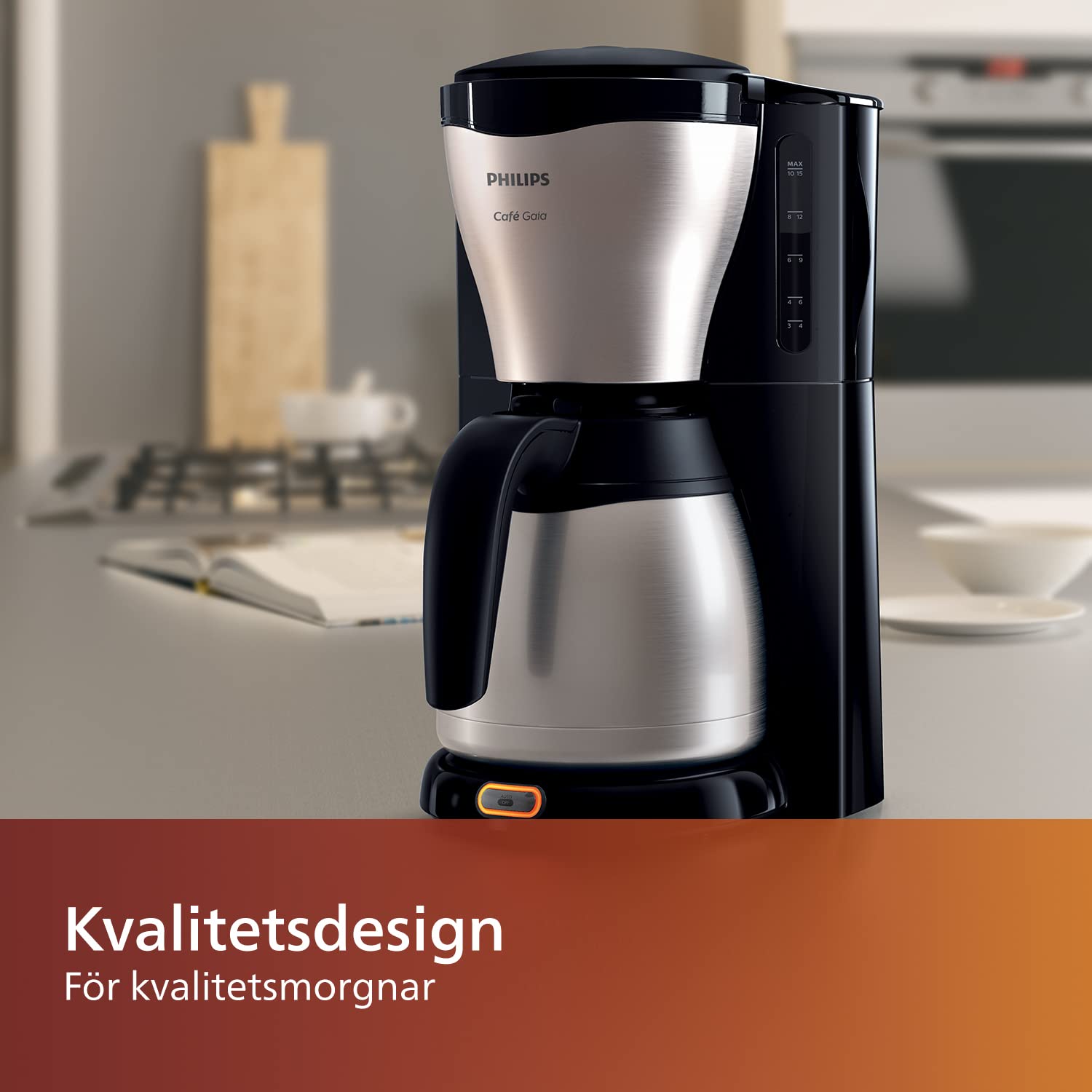 Philips Café Gaia Kaffebryggare - Termoskanna i rostfritt stål, Håller värmen i 2 timmar, Automatisk avstängning, Droppstopp, Smart lås, 1,3 l kapacitet, Vattennivåmätare (HD7546/20)