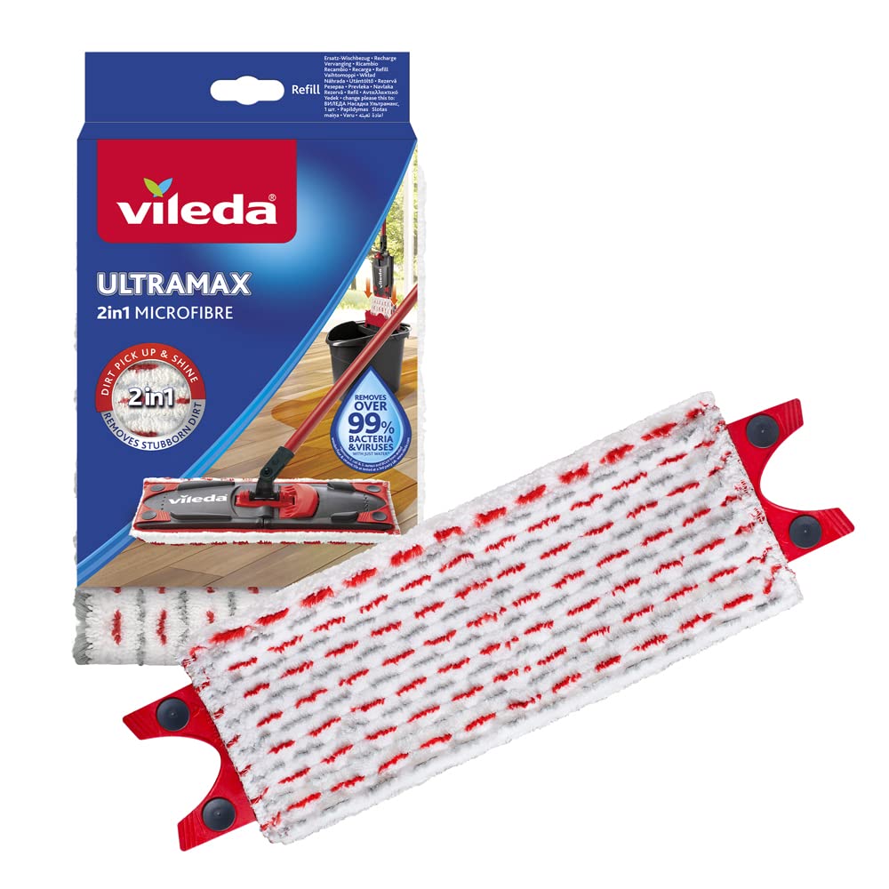Vileda UltraMax Refill 2-i-1. 1 pack. Mikrofiber original moppdyna för flatmopp, Avlägsnar över 99 % av bakterier med endast vatten, passar alla golvtyper,