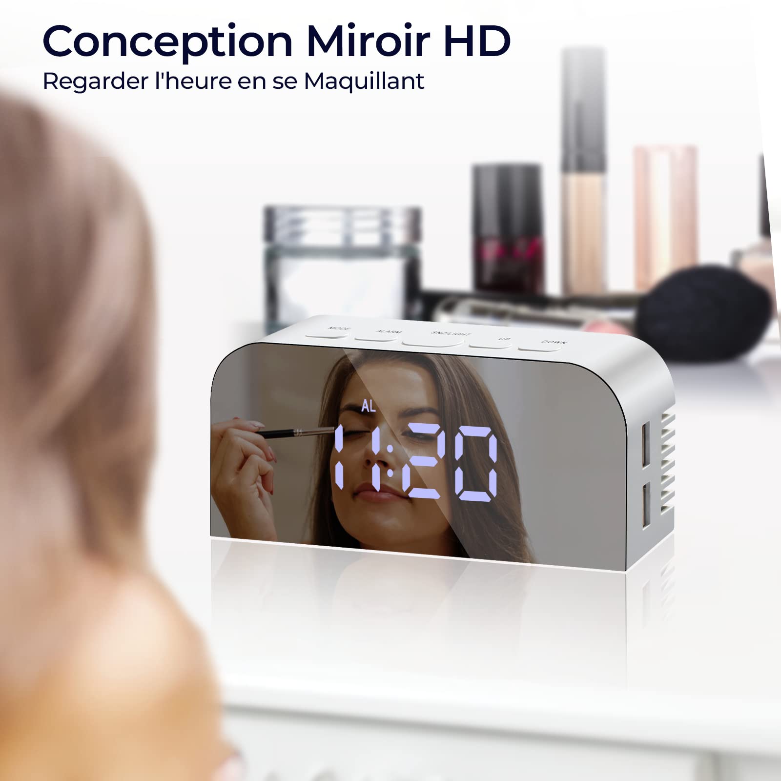 Vinabo Spegel Digital Morgonväckarklocka, LED, Digital Klocka, Säng, 2 Ljusnivåer, 12/24 Timmar, med 2 USB-Laddningsportar, Modern Heminredning Eller Sovrum (Vit)