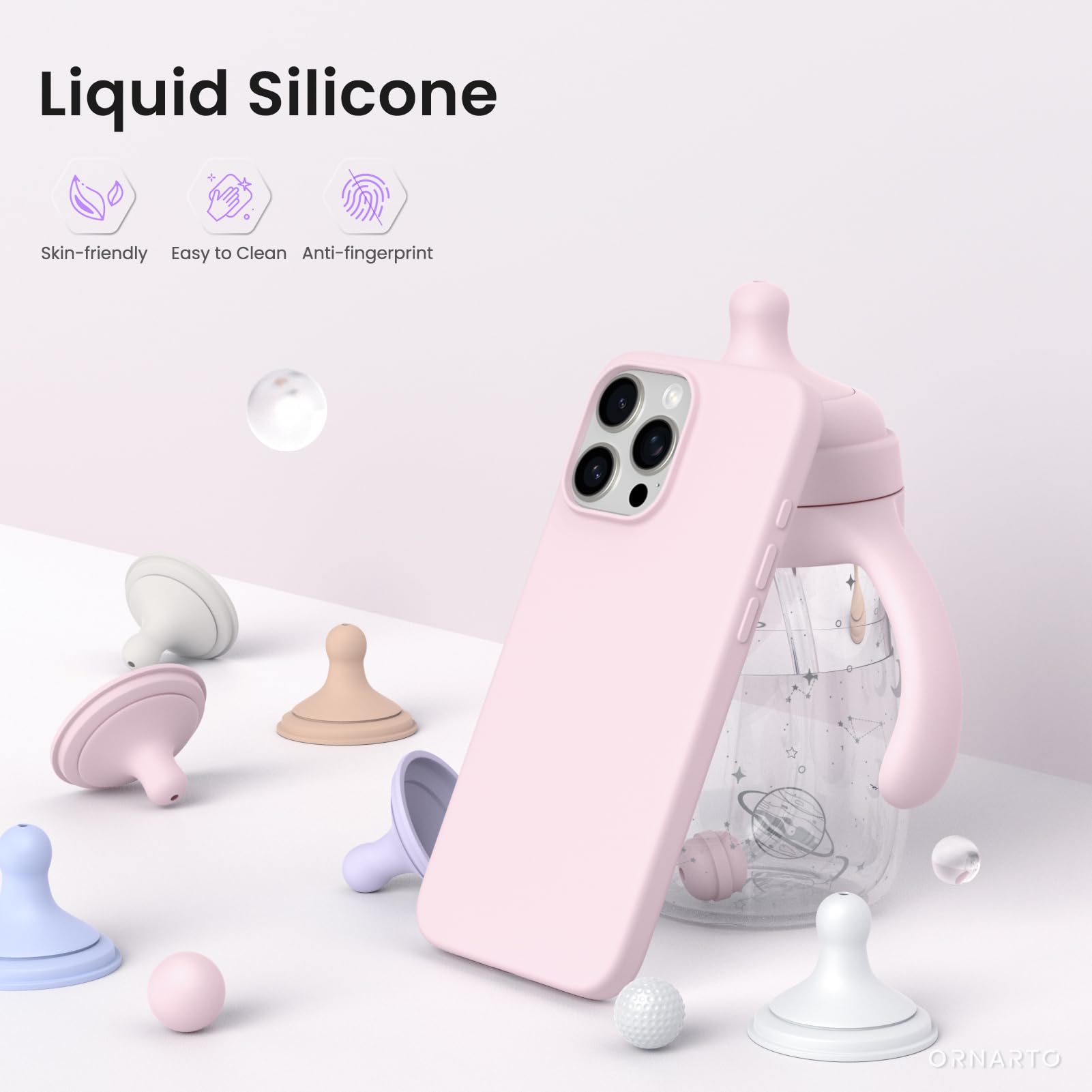 ORNARTO för iPhone 16 Pro Max skal silikon 6,9 tum, tunt mobiltelefonfodral iPhone 16 Pro Max av flytande silikon, reptåligt och stötsäkert skyddsfodral iPhone 16Pro Max fodral (2024) – rosa