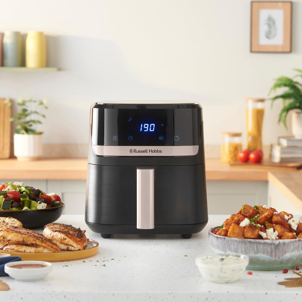 Russell Hobbs Air Fryer 4.3L Rapid Airfryer [Kompakt design, 9 program] satisfry Diskmaskinssäkra delar, max 200°C, Oljefri matlagning, Pekskärm, Varmhållning, Stek, Baka, Grill 27610-56