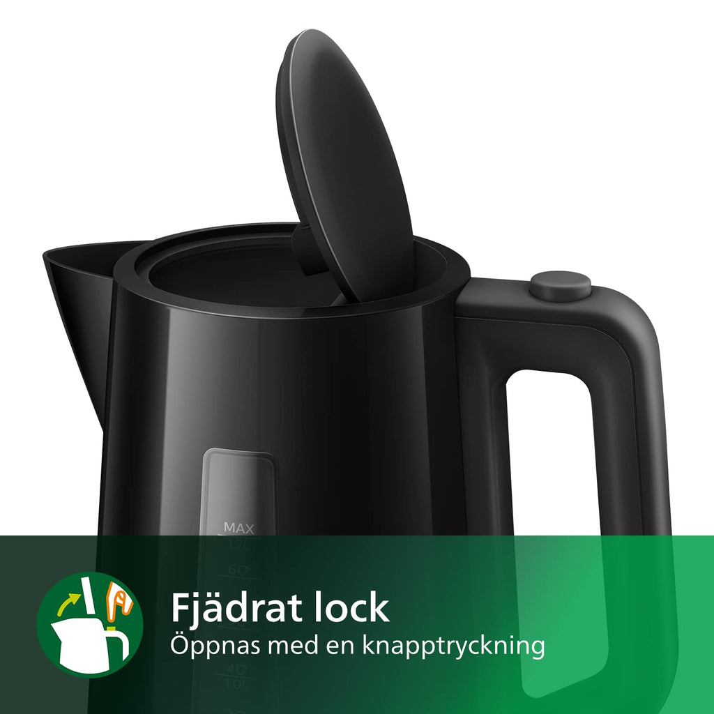 Philips Series 3000 Vattenkokare, 1.7L Kapacitet med Fjädrat Lock och Ljusindikator, Enkel Påfyllning, En Koppindikator, Vridbar Basplatta, Svart (HD9318/20)