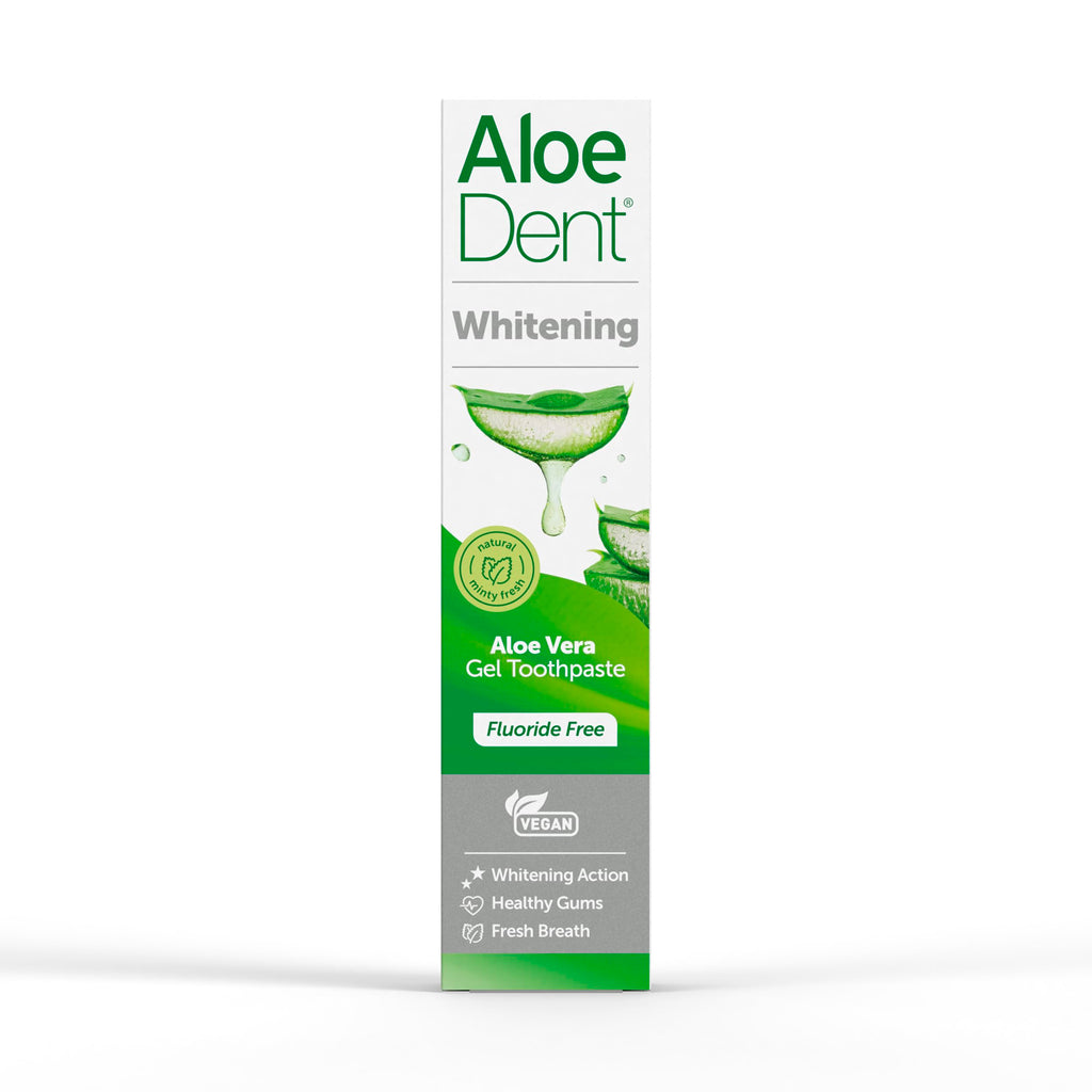 Aloe Dent Whitening Aloe Vera tandkräm Fluorfri, naturlig verkan, Vegan, Cruelty Free, SLS-fri, Naturligt vit, Hälsosamt tandkött, 100 ml, förpackningen kan variera