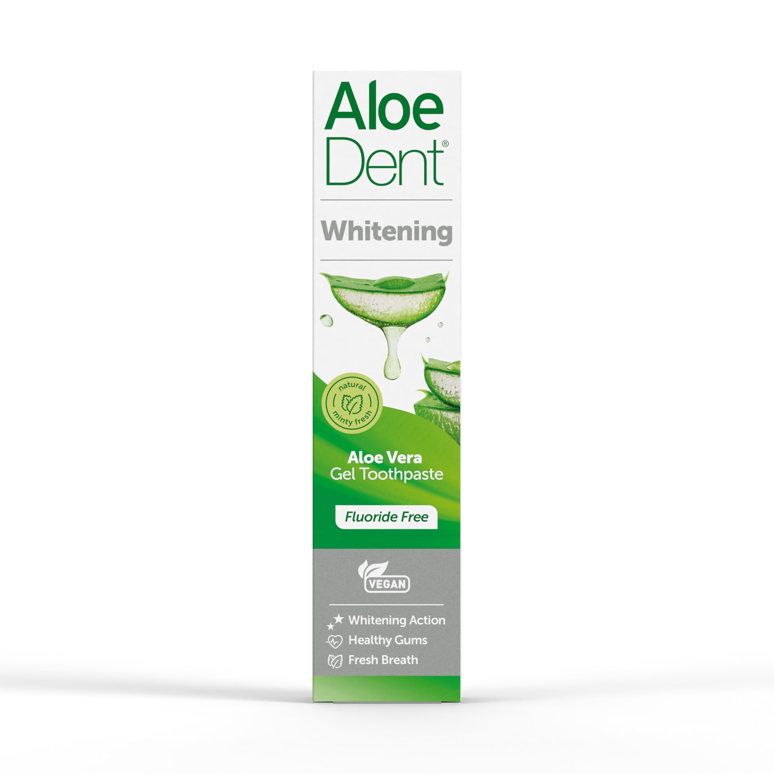 Aloe Dent Whitening Aloe Vera tandkräm Fluorfri, naturlig verkan, Vegan, Cruelty Free, SLS-fri, Naturligt vit, Hälsosamt tandkött, 100 ml, förpackningen kan variera
