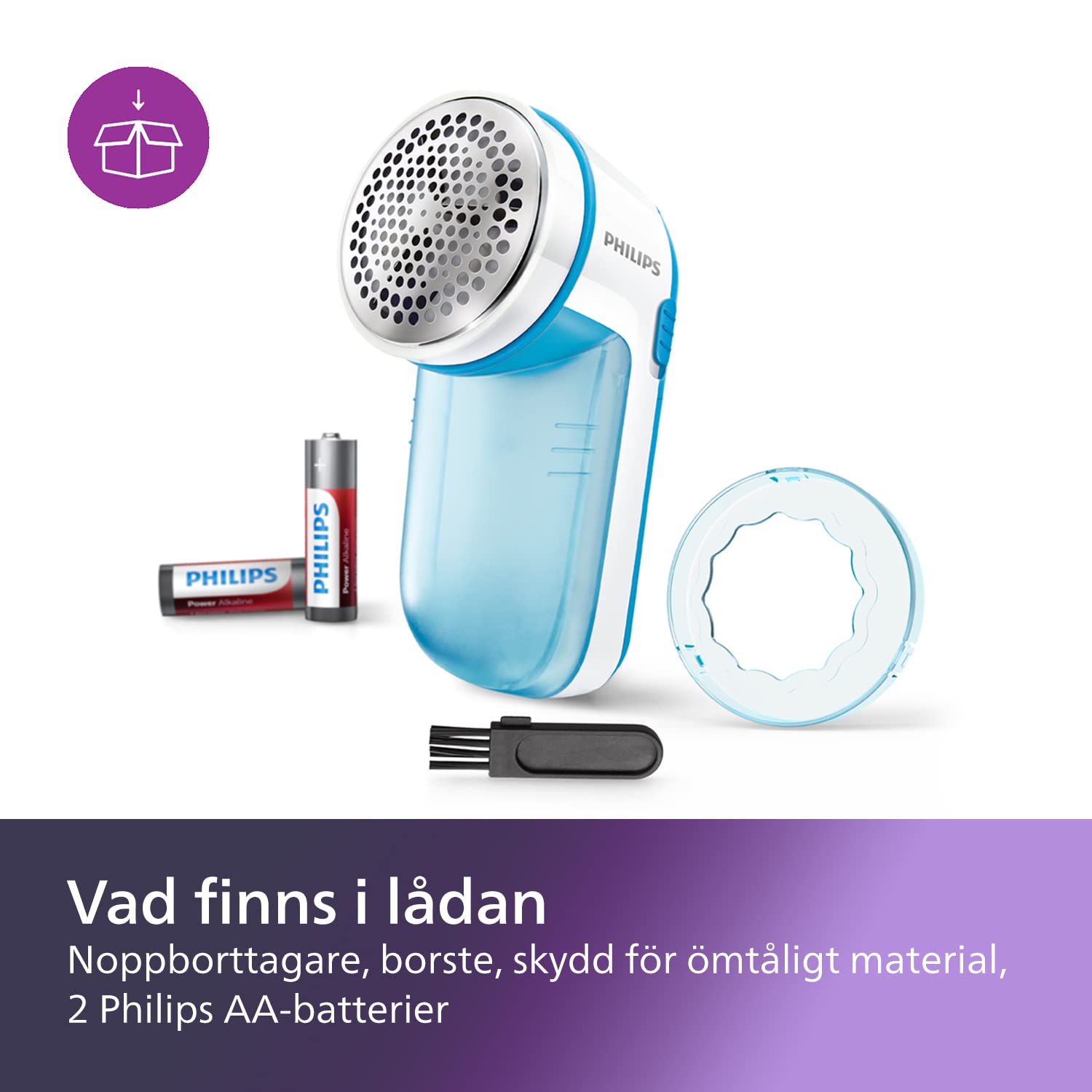 Philips Noppborttagare – med Stort Knivhuvud, Roterande Blad på 8 800 RPM, För Alla Tygtyper, Enkel Tömning, Höjdjustering, Batterier och Rengöringsborste (GC026/00)