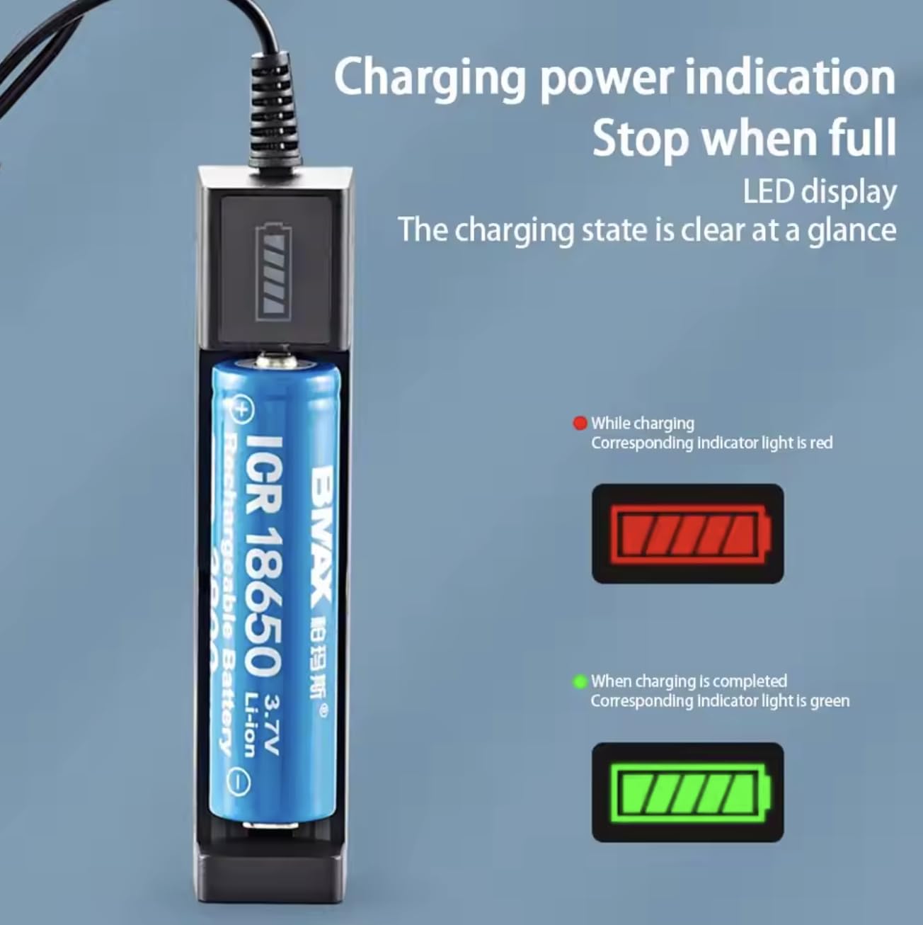 Chargeur USB pour Batteries 18650/17670 / 14500/16340 | Chargeur à un Emplacement pour Batteries 3.7V