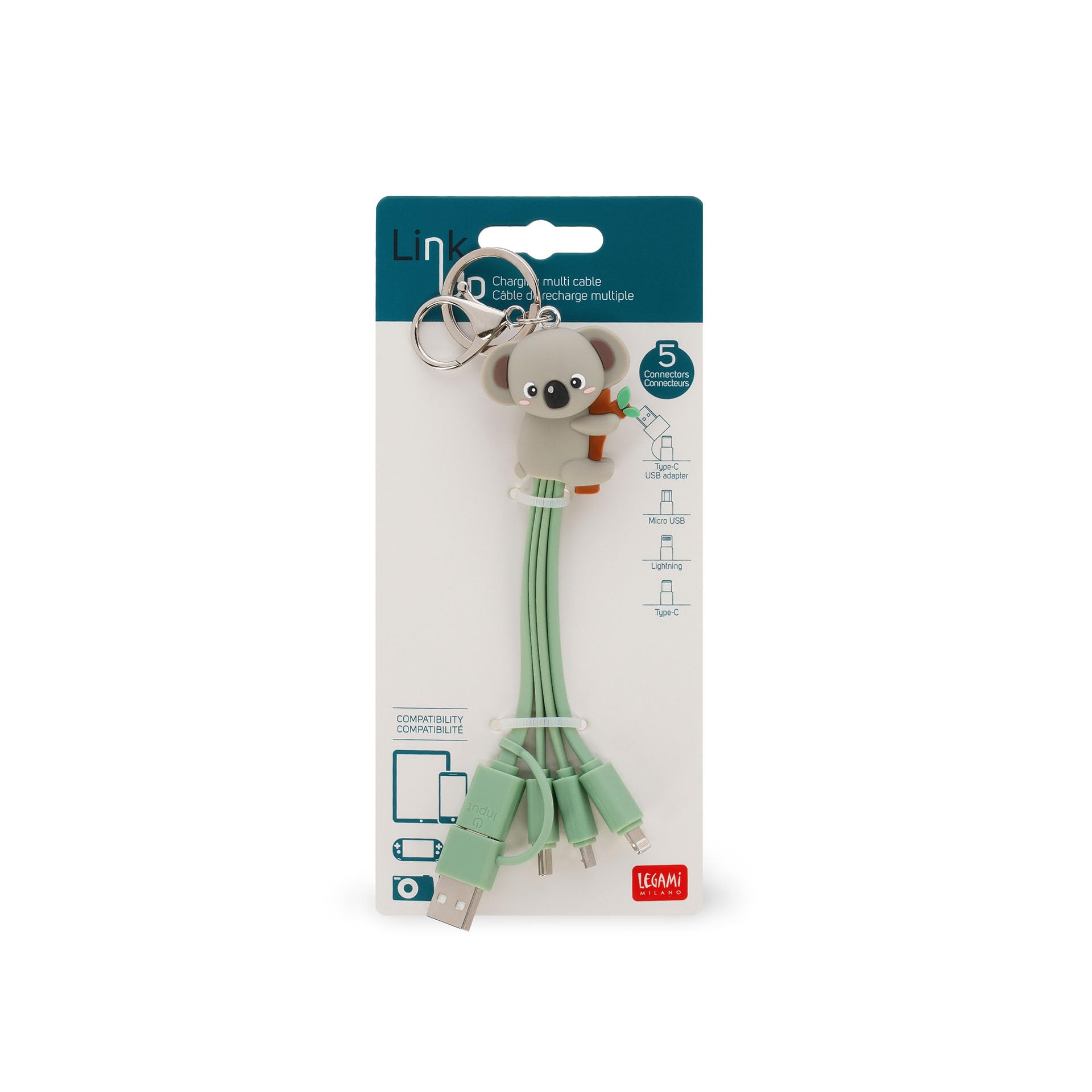 Legami - Koala-kabel med flera länkade uppladdningskablar med nyckelring, 4 laddningskablar, USB, typ-C, Micro-USB, Lightning, med USB-typ C-adapter, TPE-belagd kabel